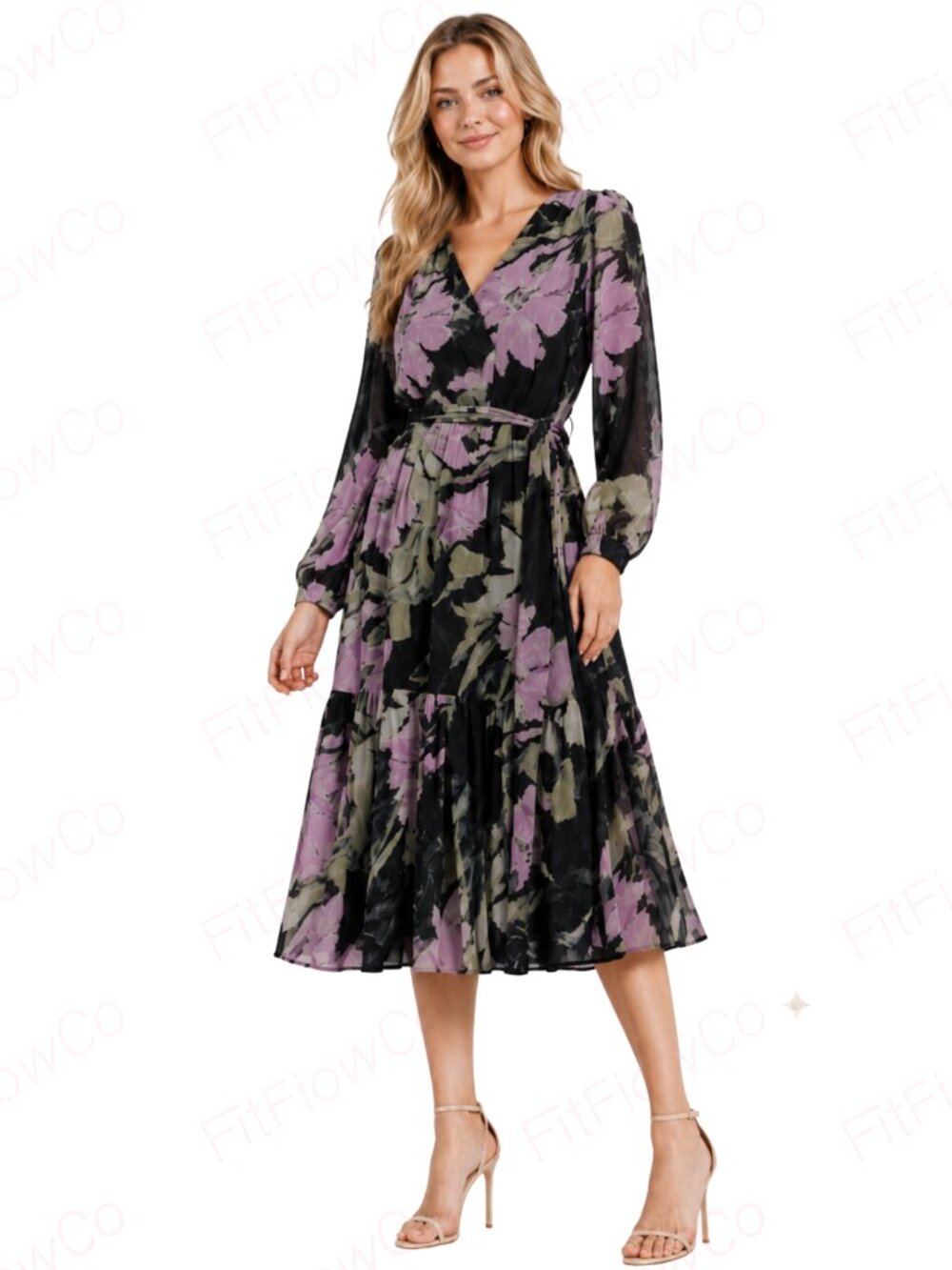DKNY Navy Pink Floral Chiffon Midi Dress Size 2 NWOT Belted Fit & Flare